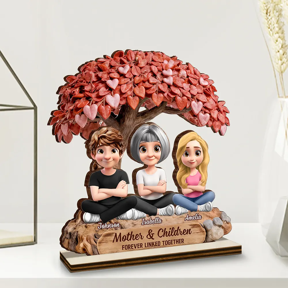 Gift For Mother,Mom - Daughters (Adult),Mom - Daughters (Young),Mom - Sons,Mom - Children,Love - Mother And Daughters Forever Linked Together Under Heart Tree - Personalized Custom Shaped Wooden Plaque