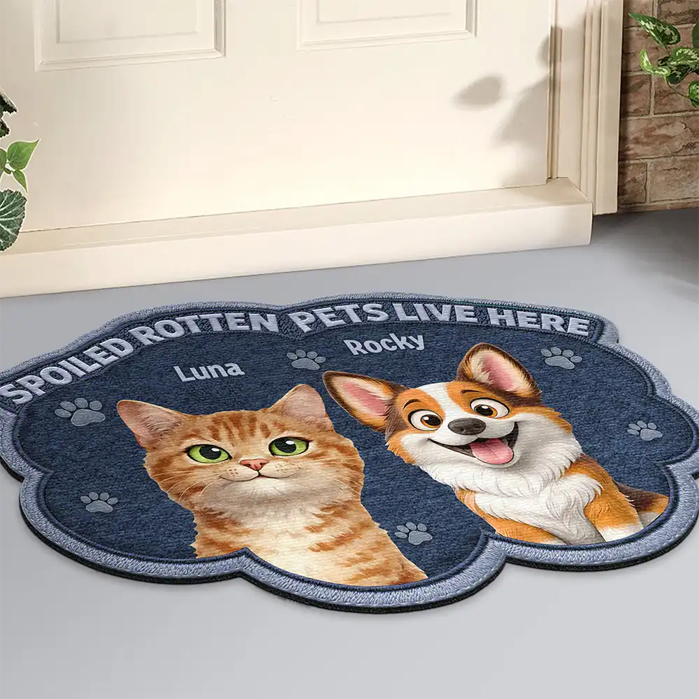 Pet Lovers,Dog Lovers,Cat Lovers,Family,Happy,Top Market - Faux Embroidery Effect Spoiled Rotten Dogs Cats Live Here - Personalized Custom Shaped Doormat
