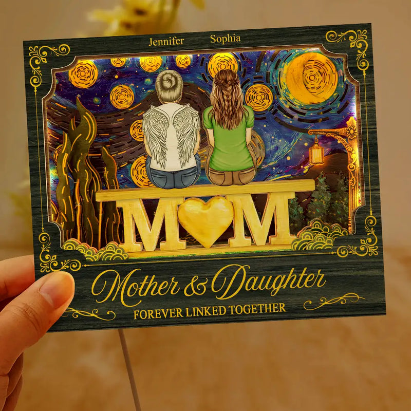 Gift For Mother,Mom - Daughters (Adult),Mom - Daughters (Young),Mom - Sons,Mom - Children,Love,Top Market,Vector - Mother & Children Forever Linked Together - Personalized LED Light Wooden Plaque
