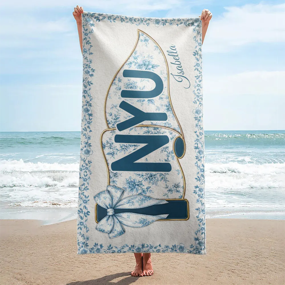 Graduation,Gift For Women,Gift For Bestie,Top Market,Non-Eng,Warp Text,Adorable - School Pennant Flag Summer Graduation Chinoiserie Toile - Personalized Beach Towel