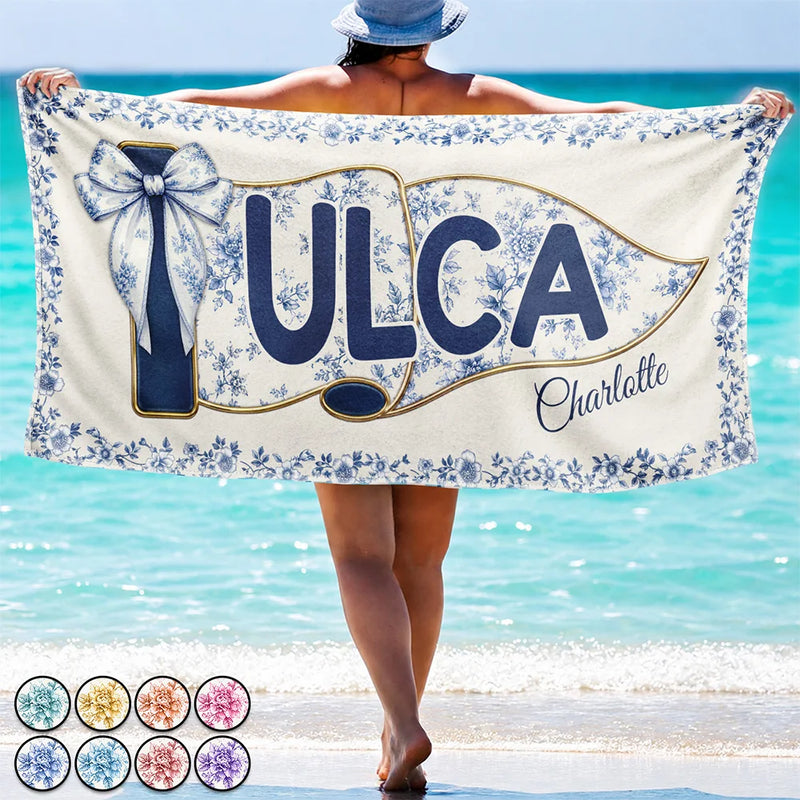 Graduation,Gift For Women,Gift For Bestie,Top Market,Non-Eng,Warp Text,Adorable - School Pennant Flag Summer Graduation Chinoiserie Toile - Personalized Beach Towel