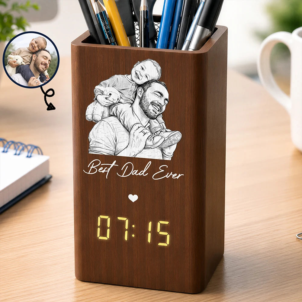 Custom Photo Pencil Sketch Art Family Portrait Best Grandpa Dad Ever - Personalized Pen Holder With Clock