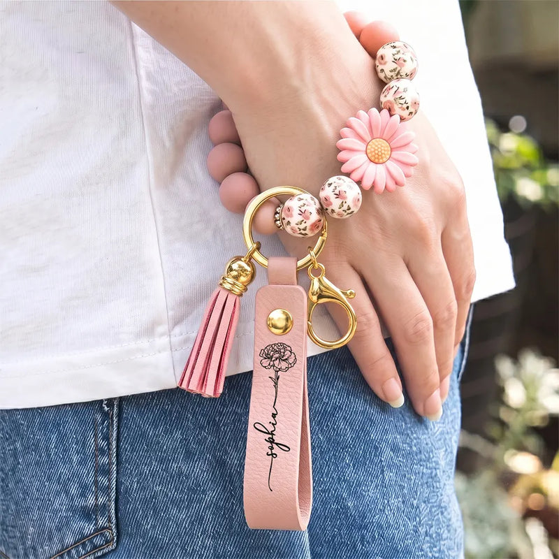 Birth Month Flowers Sketch Bloom Where You're Planted - Personalized Leather Beaded Keychain