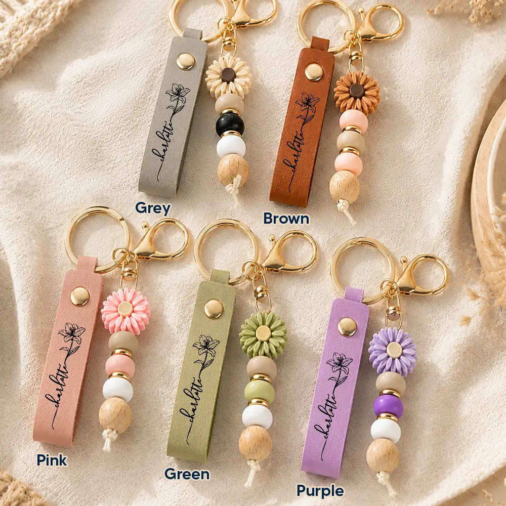 Birth Month Flowers Sketch Bloom Where You're Planted - Personalized Leather Beaded Keychain