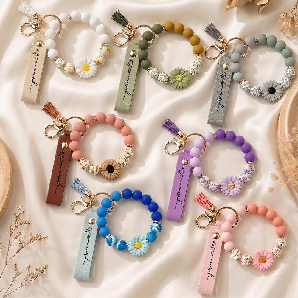 Birth Month Flowers Sketch Bloom Where You're Planted - Personalized Leather Beaded Keychain
