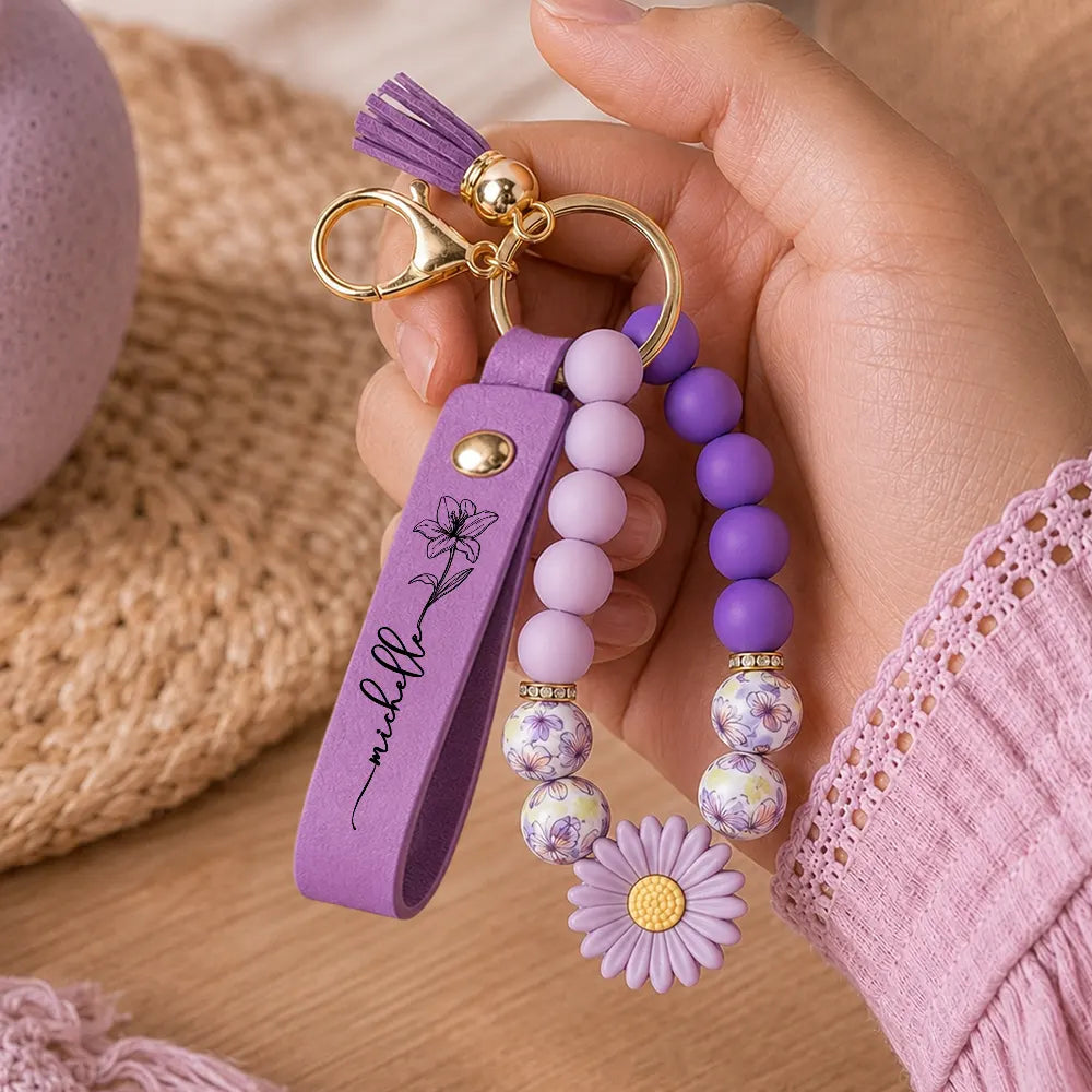 Birth Month Flowers Sketch Bloom Where You're Planted - Personalized Leather Beaded Keychain