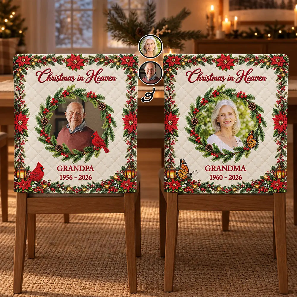 Christmas,Custom Photo,Family,Memorial,Memorial Loved One,Sympathetic,Upload Full Photo - Christmas Memorial Gift For Loss Of Loved One - Personalized Custom Photo Photo & Name Christmas In Heaven Chair Back Cover