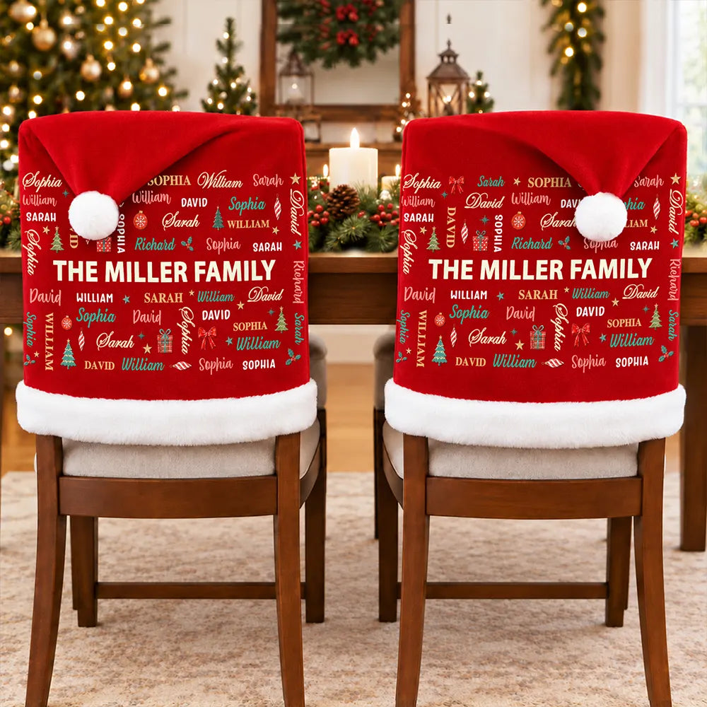 Christmas, Custom Text, Family, Happy - Christmas Table Decor Gift For Family - Personalized Member Names Chair Cover