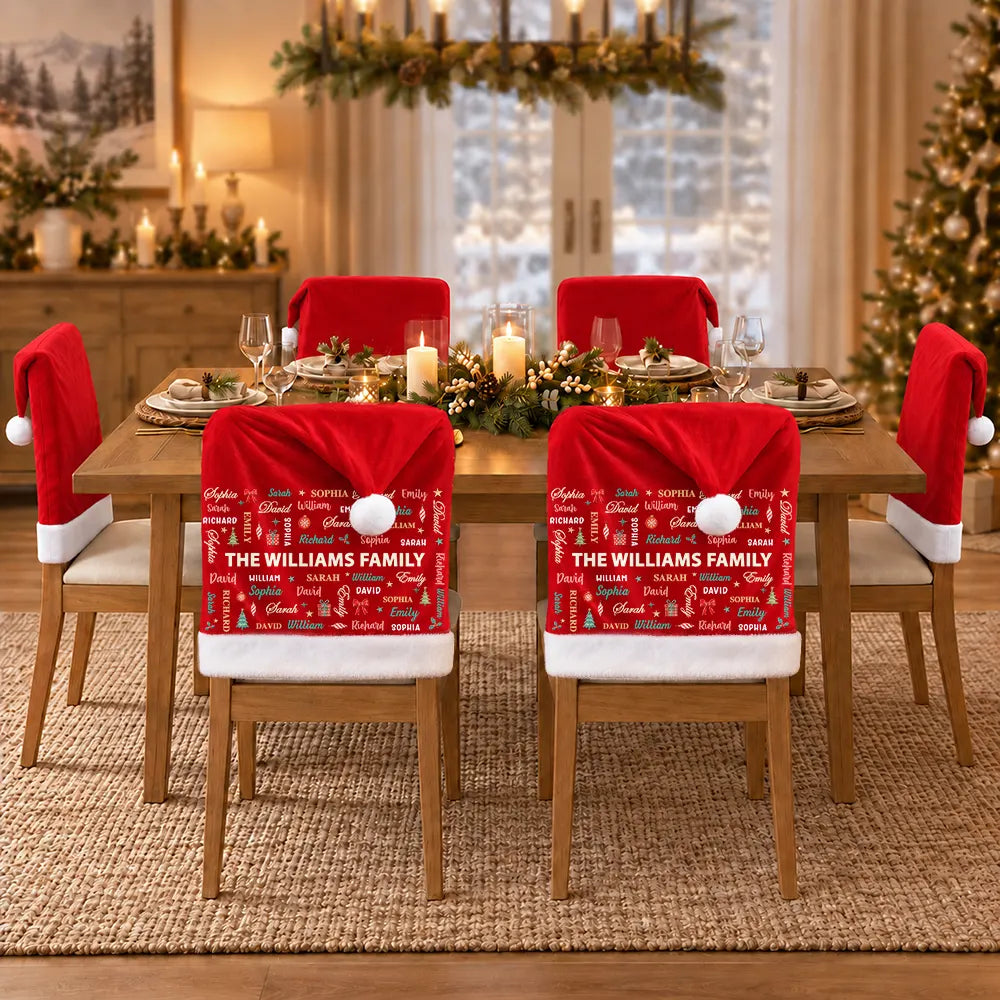 Christmas, Custom Text, Family, Happy - Christmas Table Decor Gift For Family - Personalized Member Names Chair Cover
