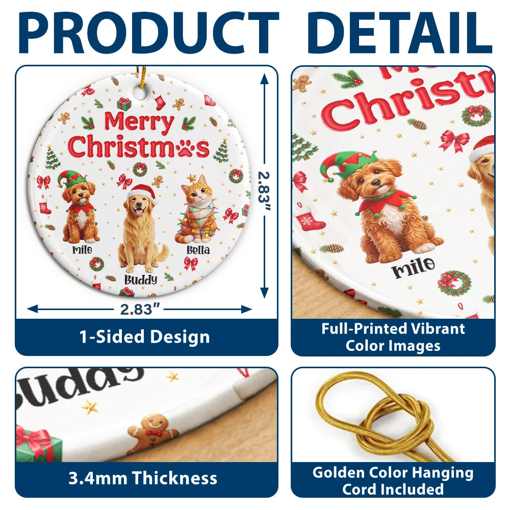 Art Design,Christmas,Custom Photo,Gift For Mother,Gifts For Her,Happy,Pet Lovers,Pet Mom,Photo - Christmas Accessories 3D Cartoon Pet - Christmas Gift For Pet Mom - Personalized Custom Photo Pet Name Festive Pattern Circle Ceramic Ornament
