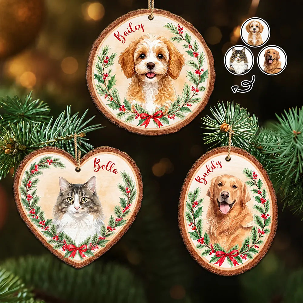 Christmas Gift For Dog Cat Pet Lovers - Personalized Custom Photo Watercolor Pet In Christmas Wreath Wooden Ornament