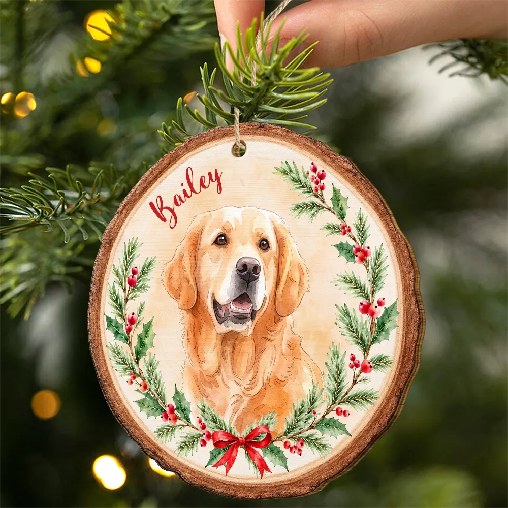 Art Design,Christmas,Custom Photo,Indoor Decor,Pet Lovers,Photo - Watercolor - Remove BG,Playful - Christmas Gift For Dog Cat Pet Lovers - Personalized Custom Photo Watercolor Pet In Christmas Wreath Wooden Ornament