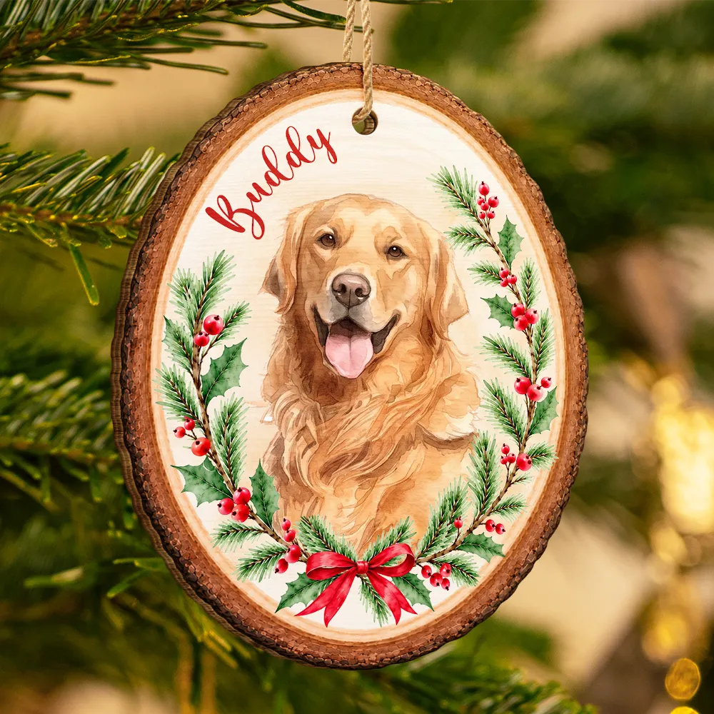 Art Design,Christmas,Custom Photo,Indoor Decor,Pet Lovers,Photo - Watercolor - Remove BG,Playful - Christmas Gift For Dog Cat Pet Lovers - Personalized Custom Photo Watercolor Pet In Christmas Wreath Wooden Ornament