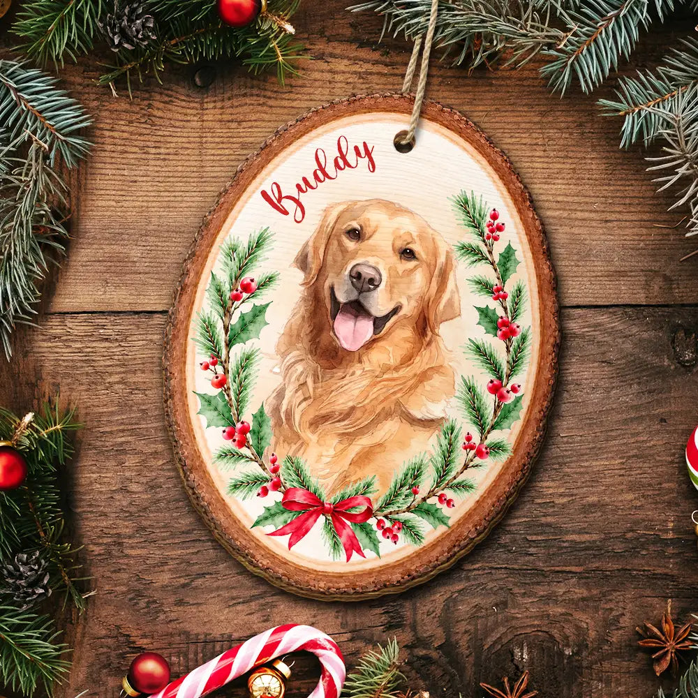 Art Design,Christmas,Custom Photo,Indoor Decor,Pet Lovers,Photo - Watercolor - Remove BG,Playful - Christmas Gift For Dog Cat Pet Lovers - Personalized Custom Photo Watercolor Pet In Christmas Wreath Wooden Ornament