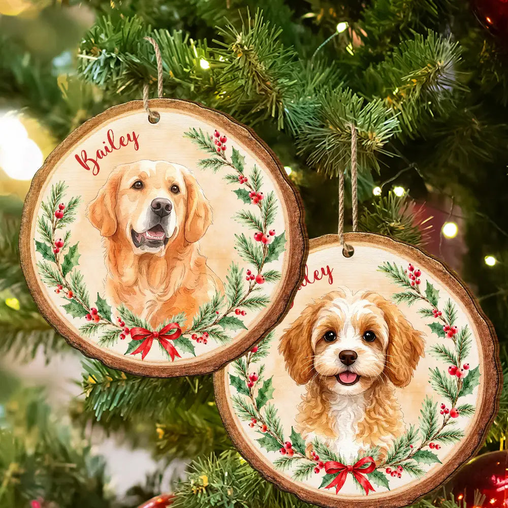 Art Design,Christmas,Custom Photo,Indoor Decor,Pet Lovers,Photo - Watercolor - Remove BG,Playful - Christmas Gift For Dog Cat Pet Lovers - Personalized Custom Photo Watercolor Pet In Christmas Wreath Wooden Ornament