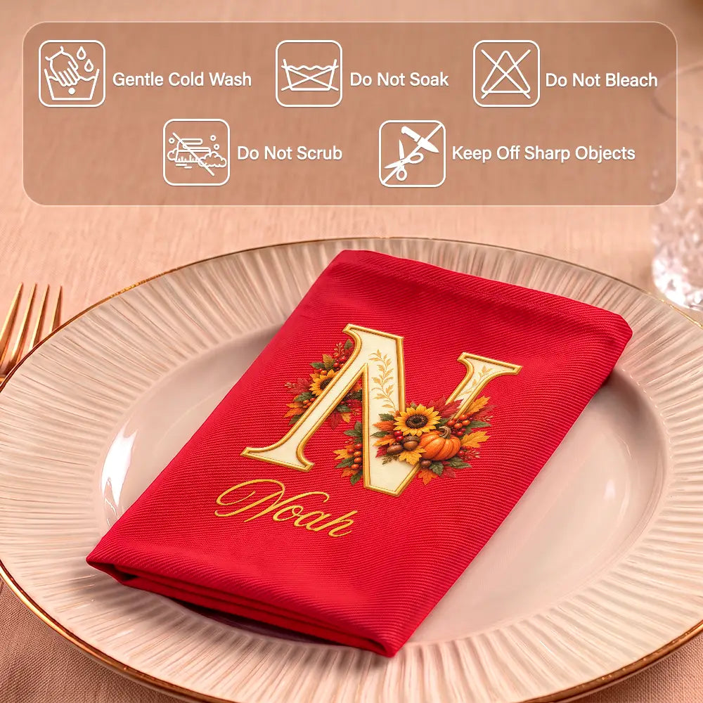 Family,Happy,Icon,Indoor Decor,Thanksgiving - Thanksgiving Table Setting For Family Gathering - Personalized Monogram Reusable Napkin