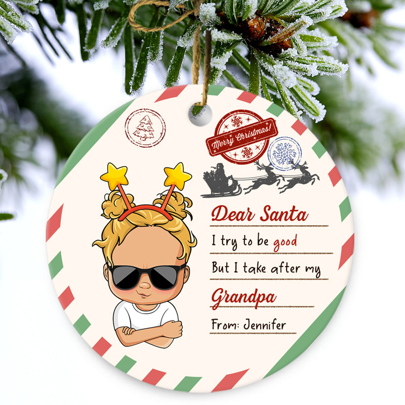 Cher Père Noël, j'essaie d'être sage - Cadeau de Noël pour enfants - Ornement en céramique personnalisé en forme de cercle