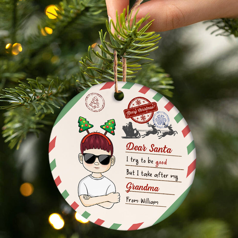 Cher Père Noël, j'essaie d'être sage - Cadeau de Noël pour enfants - Ornement en céramique personnalisé en forme de cercle
