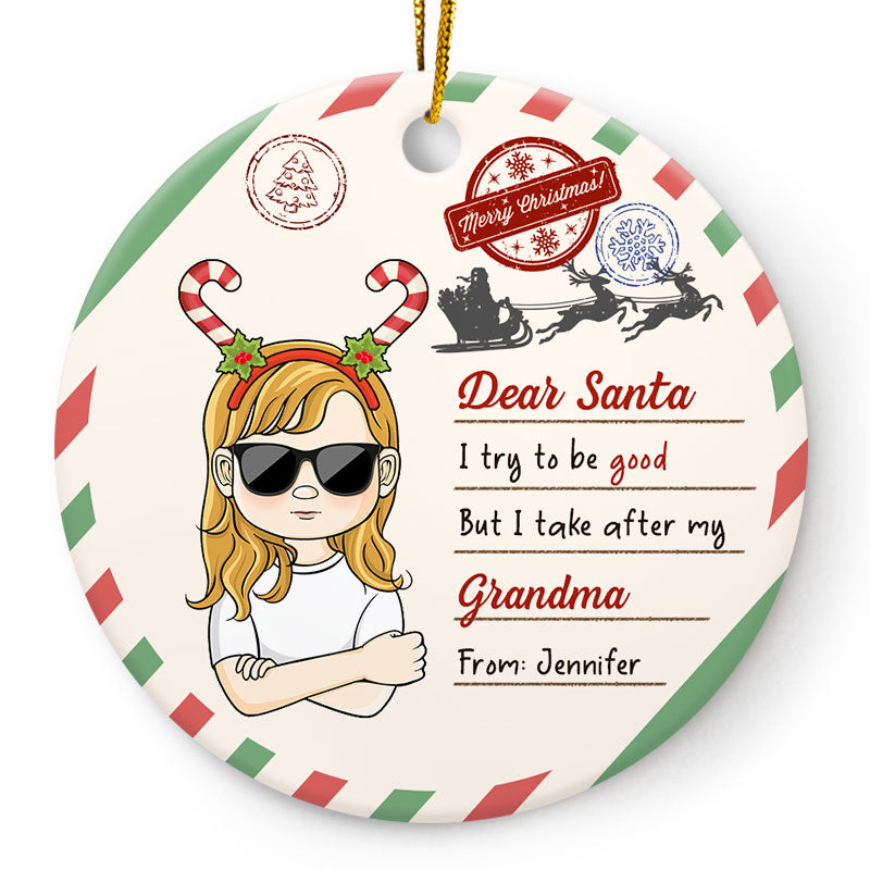 Cher Père Noël, j'essaie d'être sage - Cadeau de Noël pour enfants - Ornement en céramique personnalisé en forme de cercle