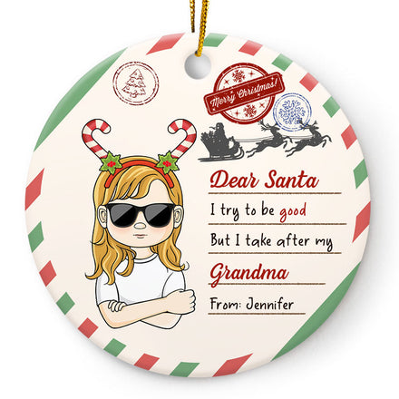 Cher Père Noël, j'essaie d'être sage - Cadeau de Noël pour enfants - Ornement en céramique personnalisé en forme de cercle