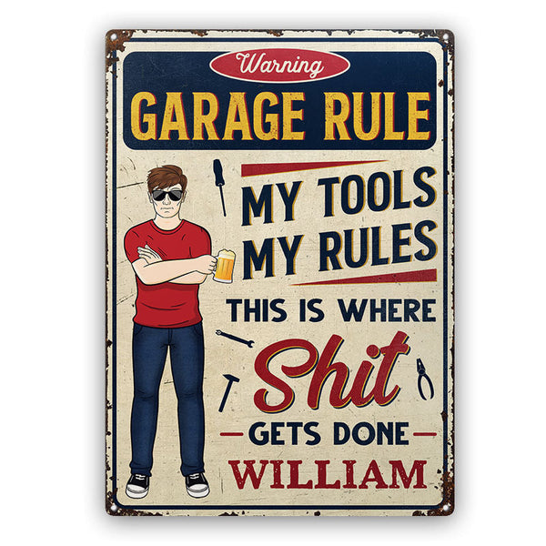 Garage, mon outil, mes règles - Cadeau pour papa et grand-père - Plaques métalliques classiques personnalisées
