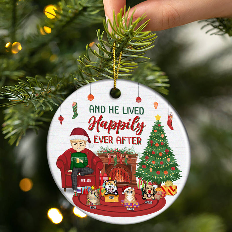 Christmas Cat Dog And She Lived Happily Ever After - Gift For Christmas And Pet Lovers - Personalized Custom Circle Ceramic Ornament