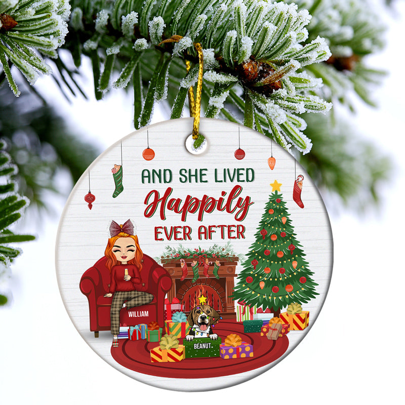Christmas Cat Dog And She Lived Happily Ever After - Gift For Christmas And Pet Lovers - Personalized Custom Circle Ceramic Ornament