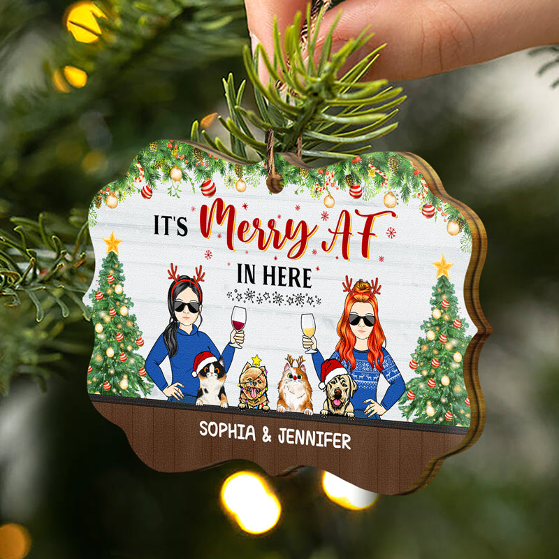 It's Merry In Here Family With Dog Cat - Christmas Gift For Couple - Personalized Custom Wooden Ornament