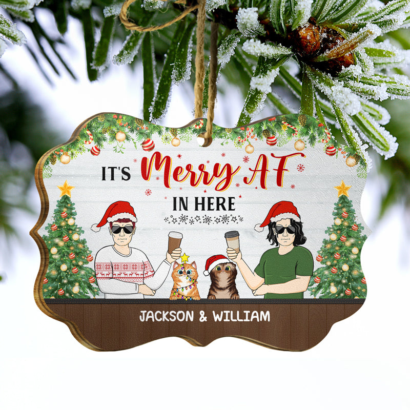 It's Merry In Here Family With Dog Cat - Christmas Gift For Couple - Personalized Custom Wooden Ornament