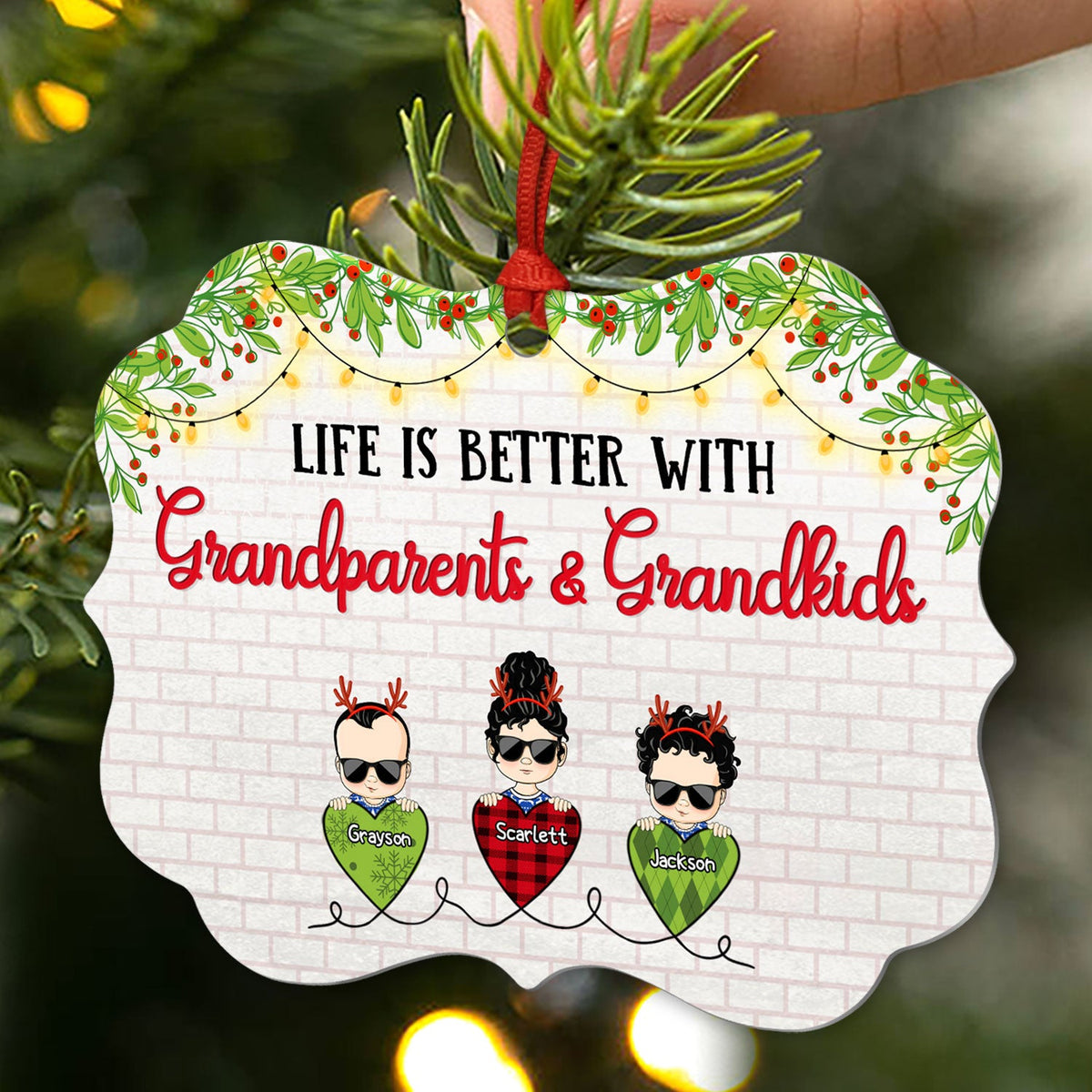 Grandparents & Grandkids Always Be Connected By Heart - Christmas Gift For Family - Personalized Custom Aluminum Ornament