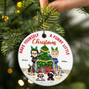 Furry Little Christmas Family With Dog Cat Pet - Gift For Couple - Personalized Custom Circle Ceramic Ornament