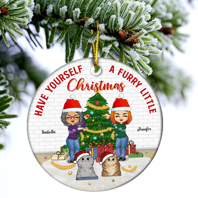 Furry Little Christmas Family With Dog Cat Pet - Gift For Couple - Personalized Custom Circle Ceramic Ornament