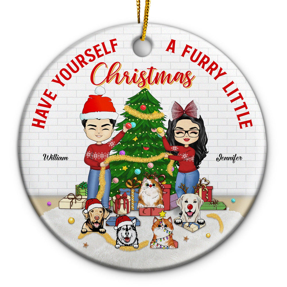 Furry Little Christmas Family With Dog Cat Pet - Gift For Couple - Personalized Custom Circle Ceramic Ornament