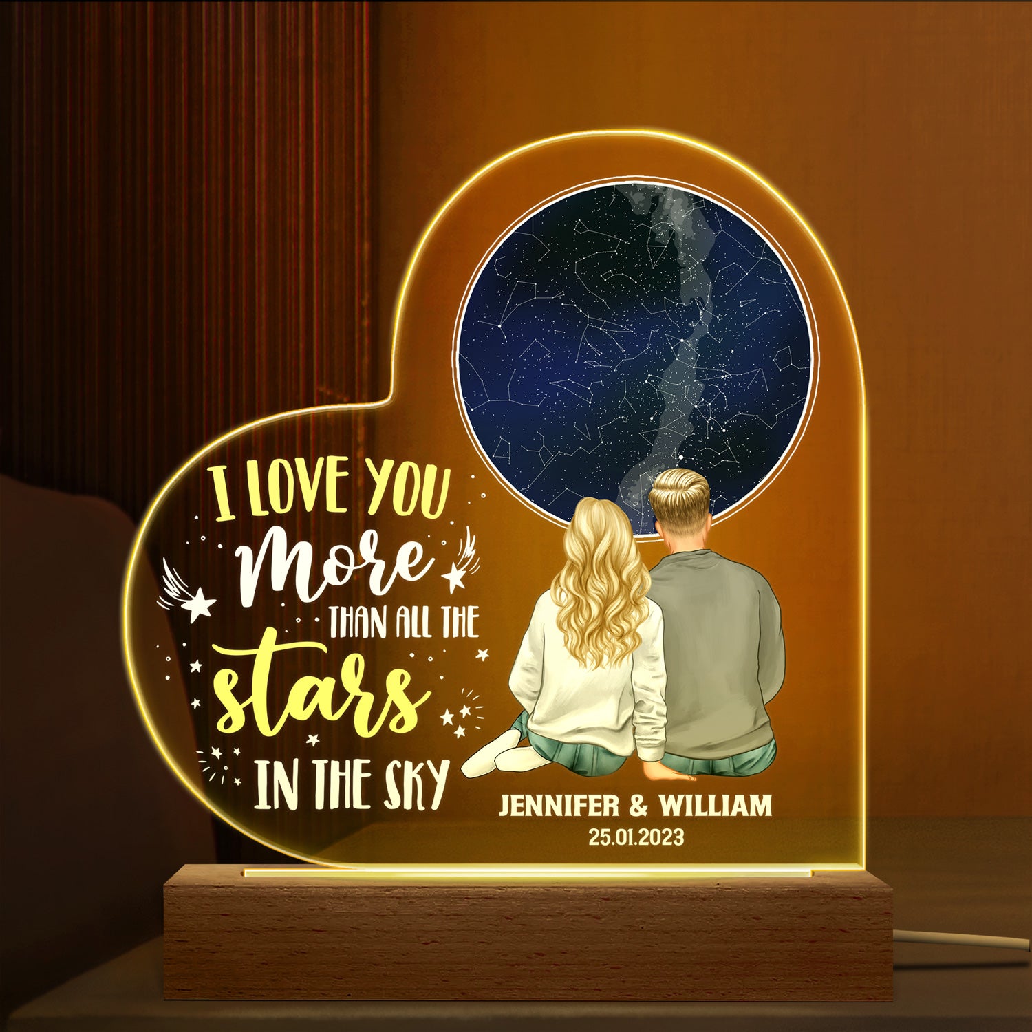 Star Map I Love You More Than All The Stars In The Sky - Gift For Couple - Personalized Custom 3D Led Light Wooden Base