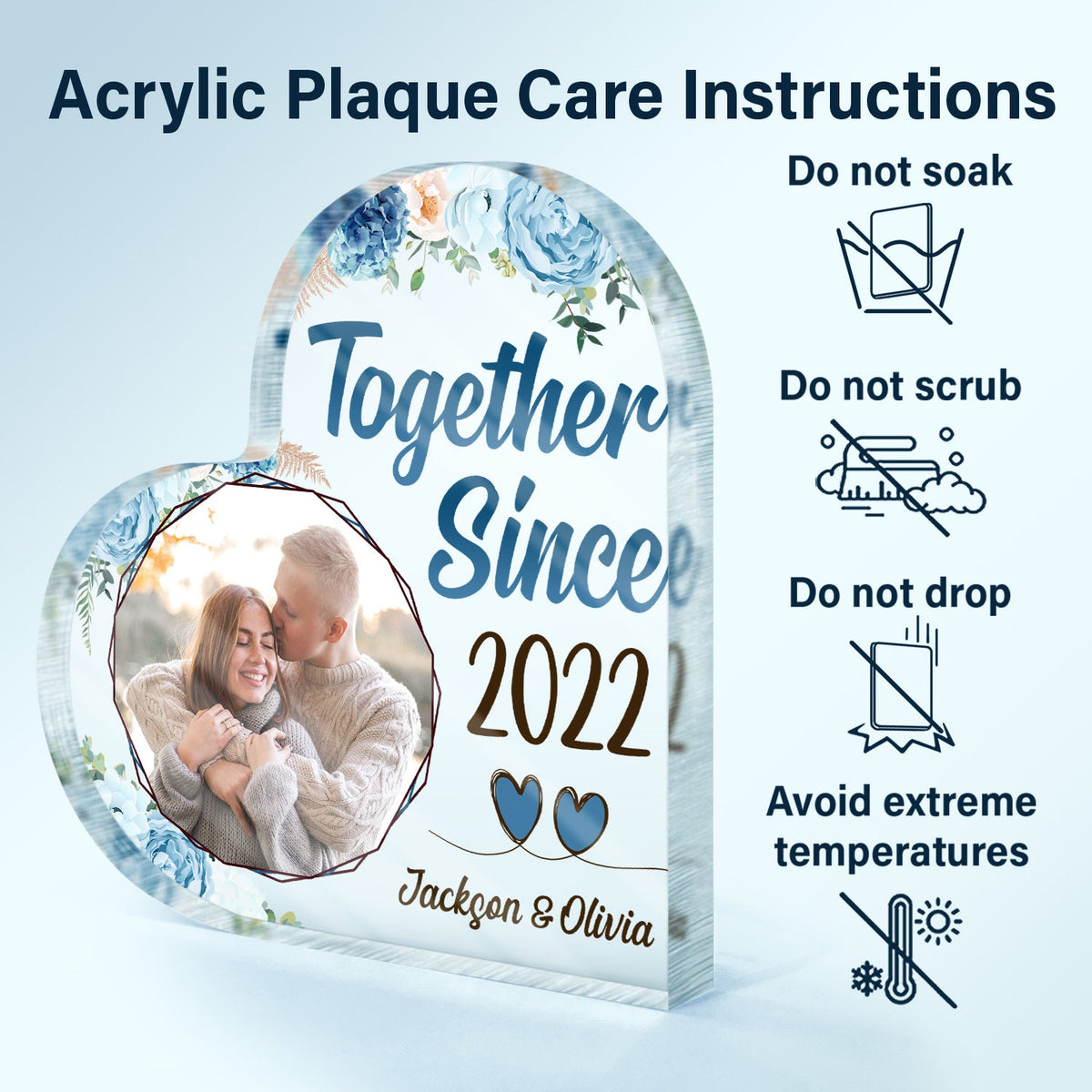 Photo personnalisée ensemble depuis - Cadeau pour couples - Plaque acrylique personnalisée en forme de cœur