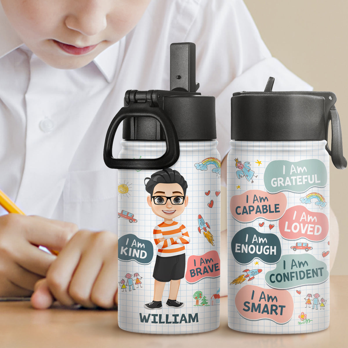 Smart Loved Brave Confident - Personalized Kids Water Bottle With Stra –  Macorner