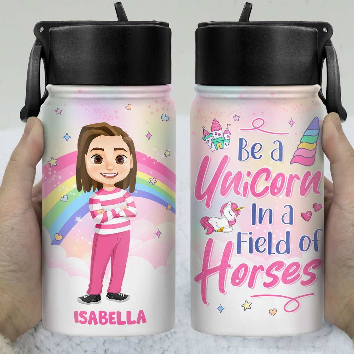 Soyez une licorne dans un champ de chevaux - Cadeau pour enfants, cadeau de rentrée scolaire - Bouteille d'eau personnalisée pour enfants