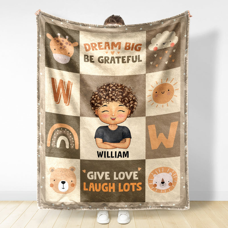 Rêvez grand, soyez reconnaissant, donnez de l'amour, riez beaucoup - Cadeau pour enfants, cadeau de rentrée scolaire - Couverture polaire personnalisée