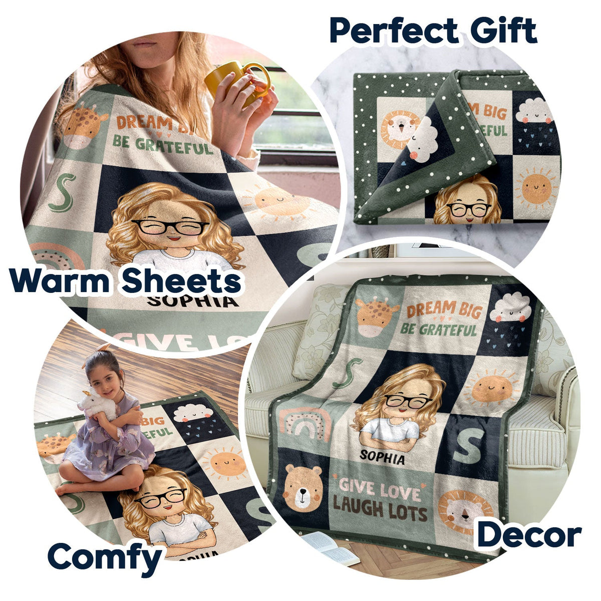 Rêvez grand, soyez reconnaissant, donnez de l'amour, riez beaucoup - Cadeau pour enfants, cadeau de rentrée scolaire - Couverture polaire personnalisée