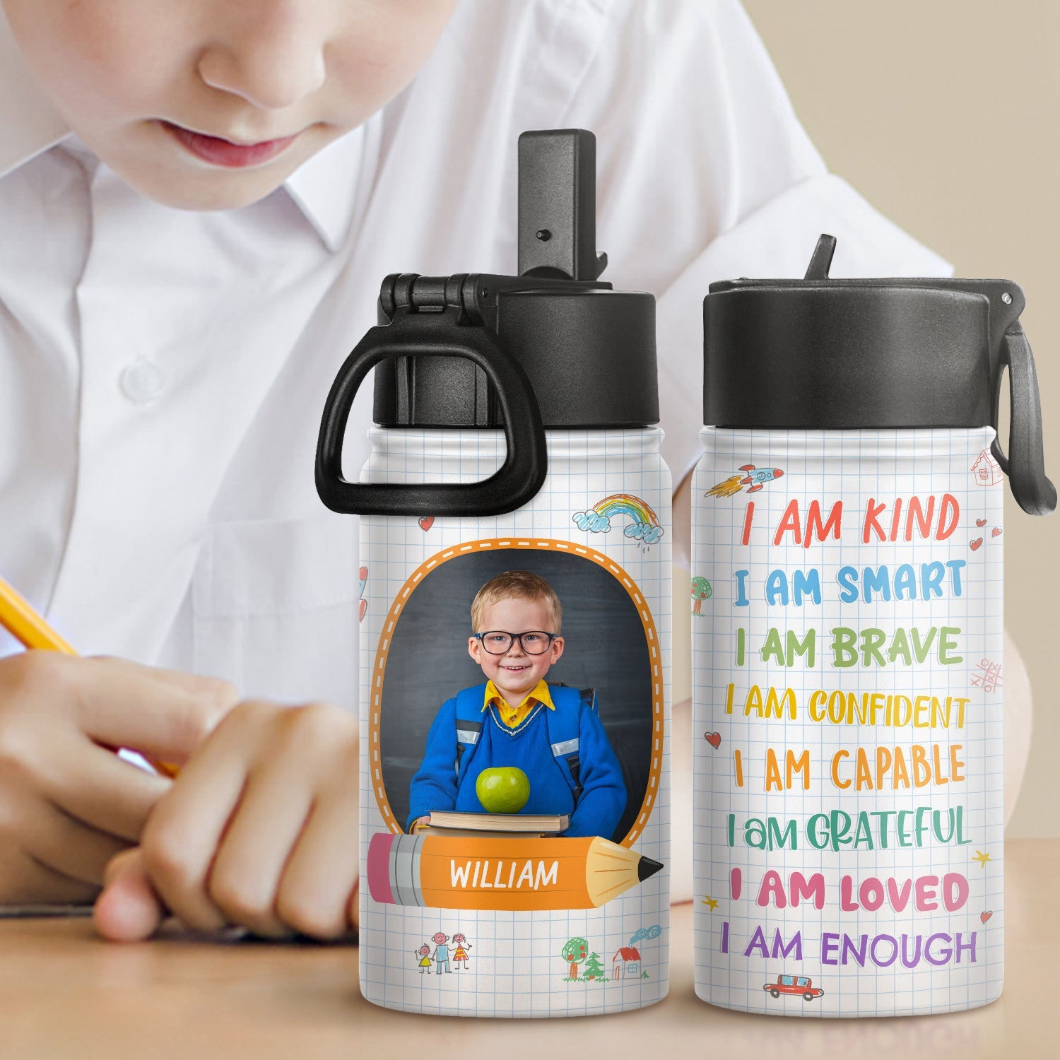 Custom Photo I'm Kind Smart Brave Confident - Gift For Kid, Back To School Gift - Personalized Kids Water Bottle