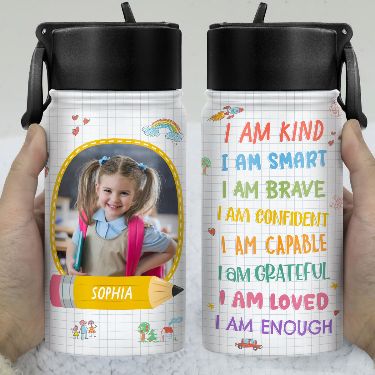 Photo personnalisée « Je suis gentil, intelligent, courageux et confiant » - Cadeau pour enfant, cadeau de rentrée scolaire - Bouteille d'eau personnalisée pour enfants