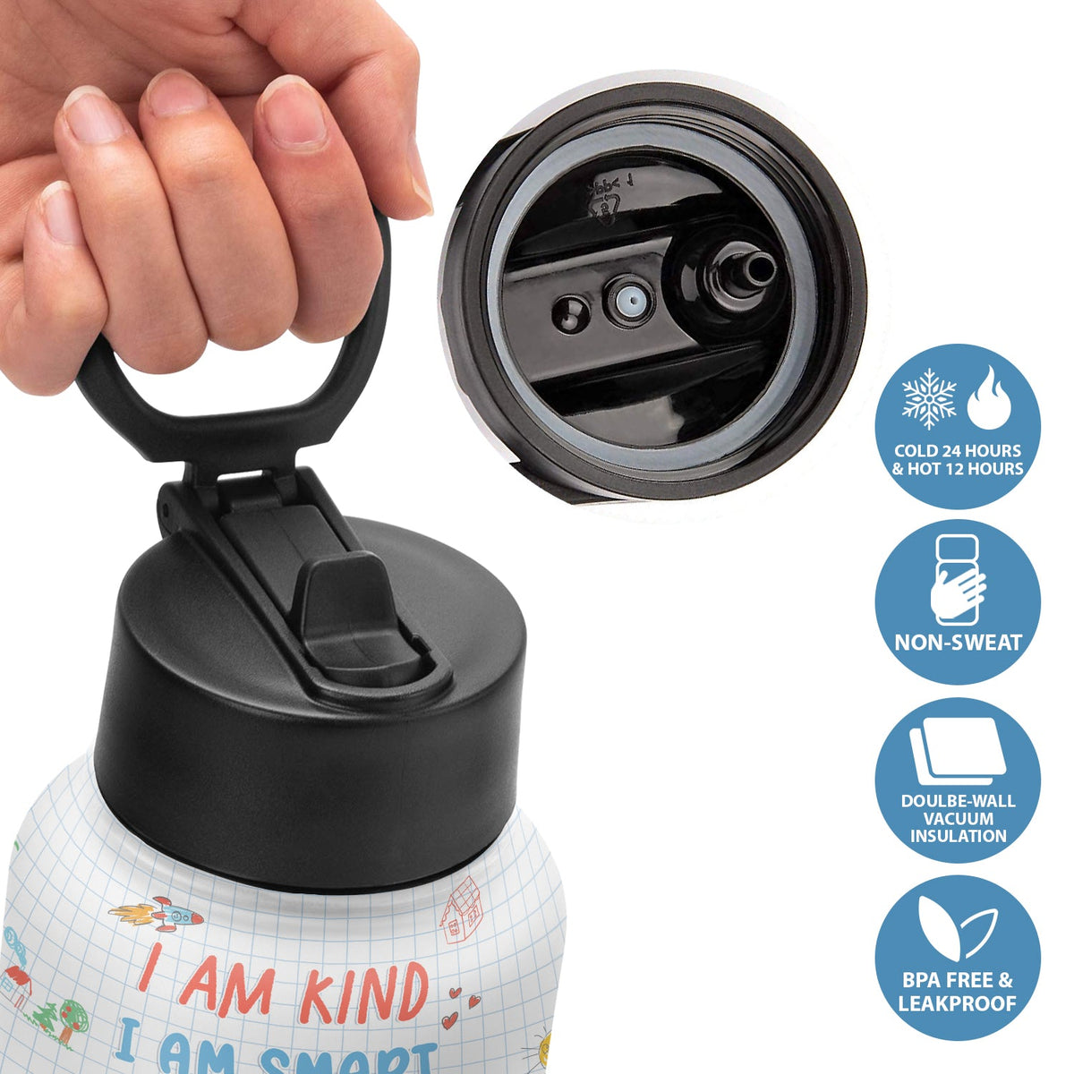 Photo personnalisée « Je suis gentil, intelligent, courageux et confiant » - Cadeau pour enfant, cadeau de rentrée scolaire - Bouteille d'eau personnalisée pour enfants