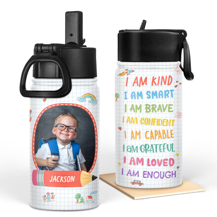 Photo personnalisée « Je suis gentil, intelligent, courageux et confiant » - Cadeau pour enfant, cadeau de rentrée scolaire - Bouteille d'eau personnalisée pour enfants