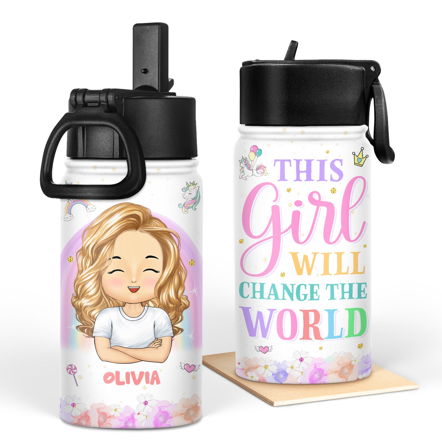 Personalised Girls Water Bottle School Girl Water Bottle Metal Straw Water  Bottle Back to School Supplies 