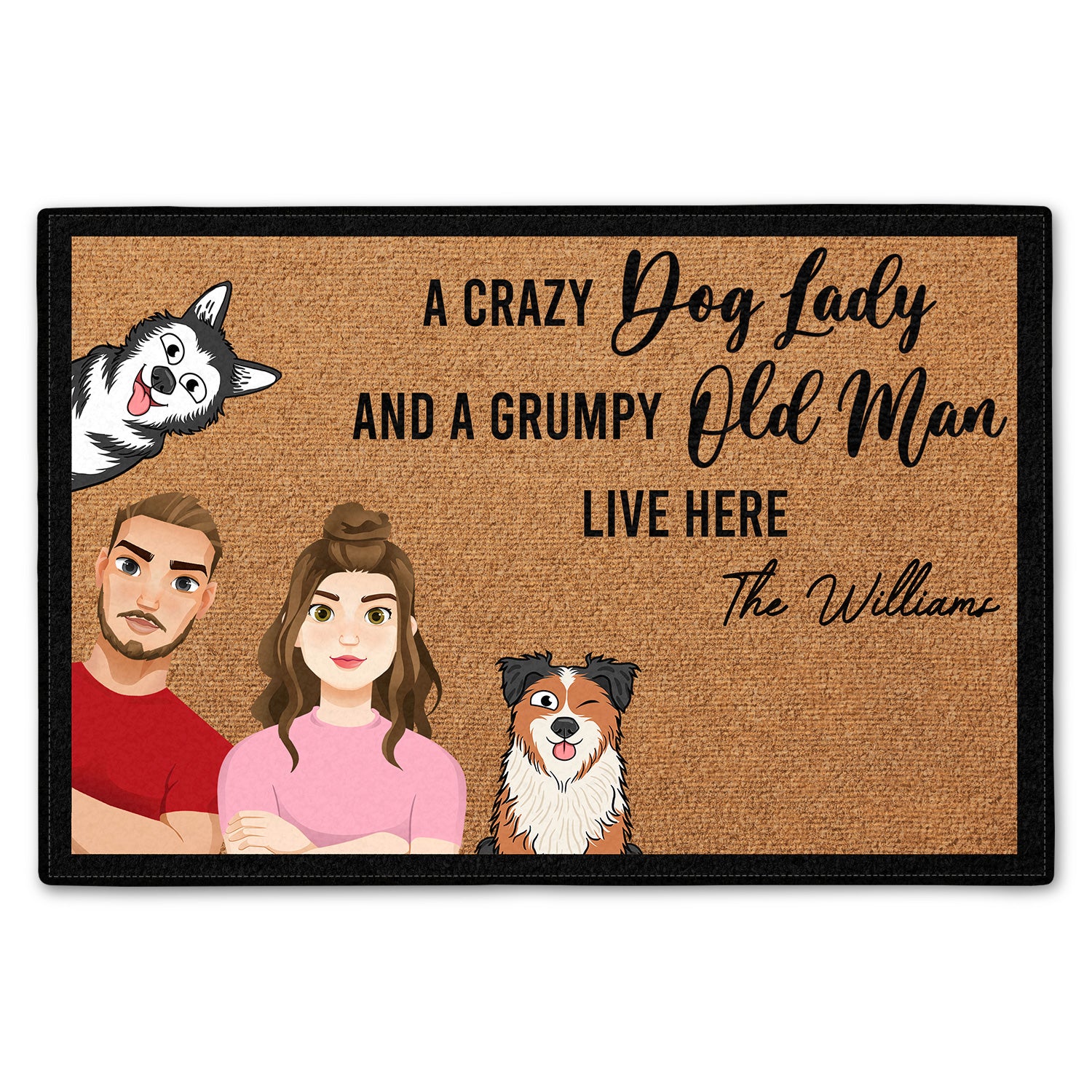 Flat Art Couple A Crazy Dog Lady & Grumpy Old Man - Gift For Dog Lovers Couple - Personalized Doormat
