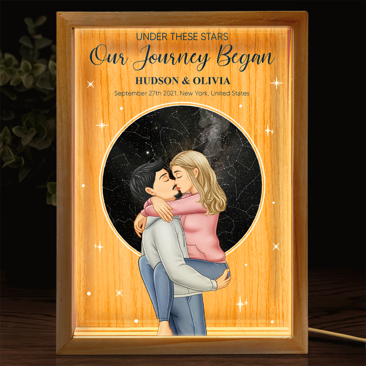 Carte des étoiles La nuit de notre rencontre - Cadeau pour couples - Cadre photo personnalisé avec boîte lumineuse