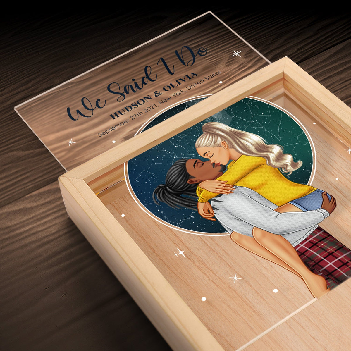 Carte des étoiles La nuit de notre rencontre - Cadeau pour couples - Cadre photo personnalisé avec boîte lumineuse