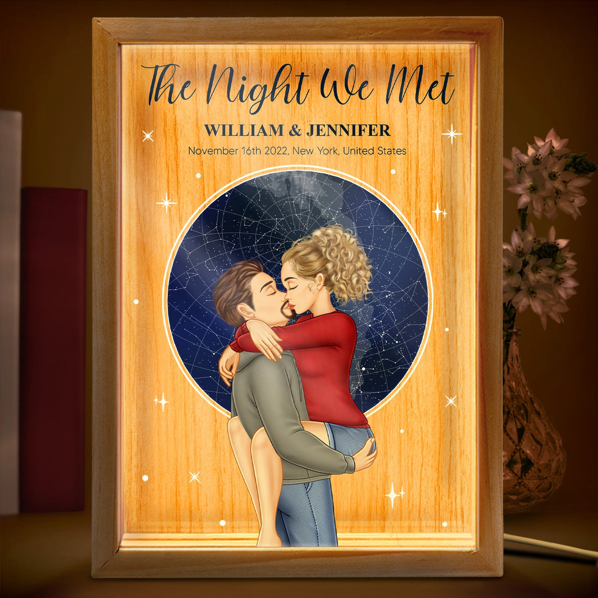 Carte des étoiles La nuit de notre rencontre - Cadeau pour couples - Cadre photo personnalisé avec boîte lumineuse