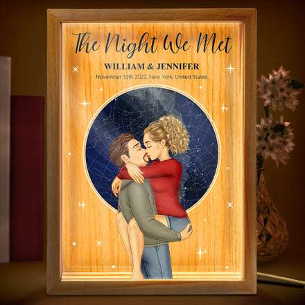 Carte des étoiles La nuit de notre rencontre - Cadeau pour couples - Cadre photo personnalisé avec boîte lumineuse