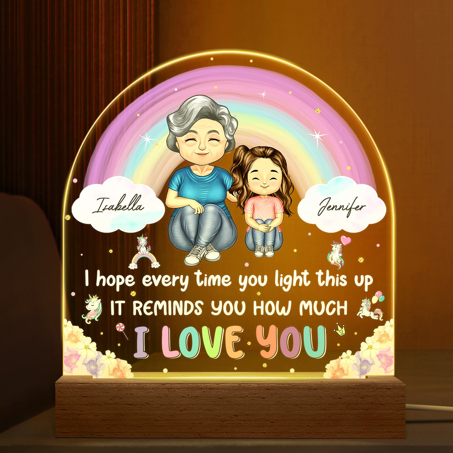 Grandma Mother I Hope Everytime You Light This Up - Gift For Granddaughter, Grandson, Kids - Personalized 3D Led Light Wooden Base